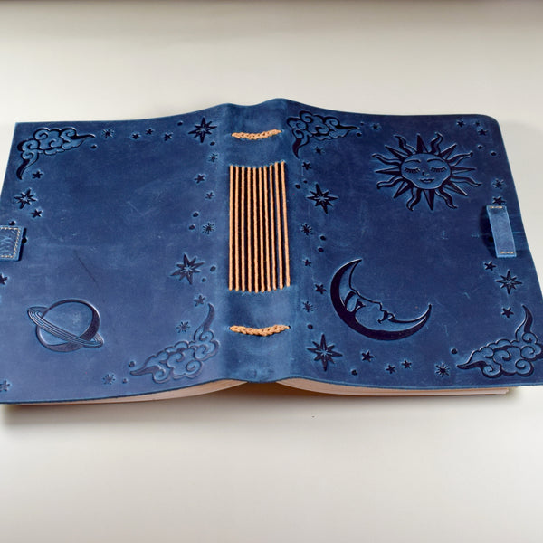 Blue Leather Journal with Sun and Stars Design – ArteOfTheBooke