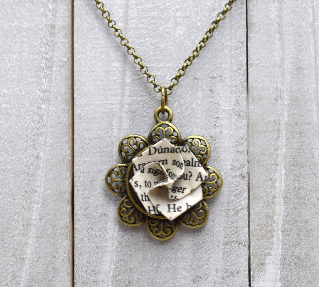 Paper Origami Necklace from Book Page, Antique Brass Pendant