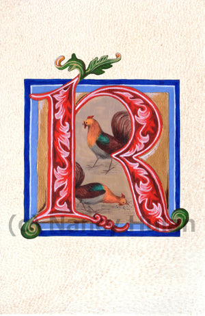 Calligraphy print initial letter R is for rooster