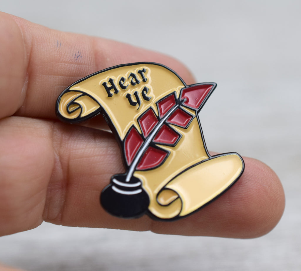 Quill Pen and Ink Enamel Pin with Renaissance Scroll