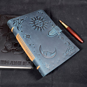 Blue Leather Journal with Sun and Stars Design