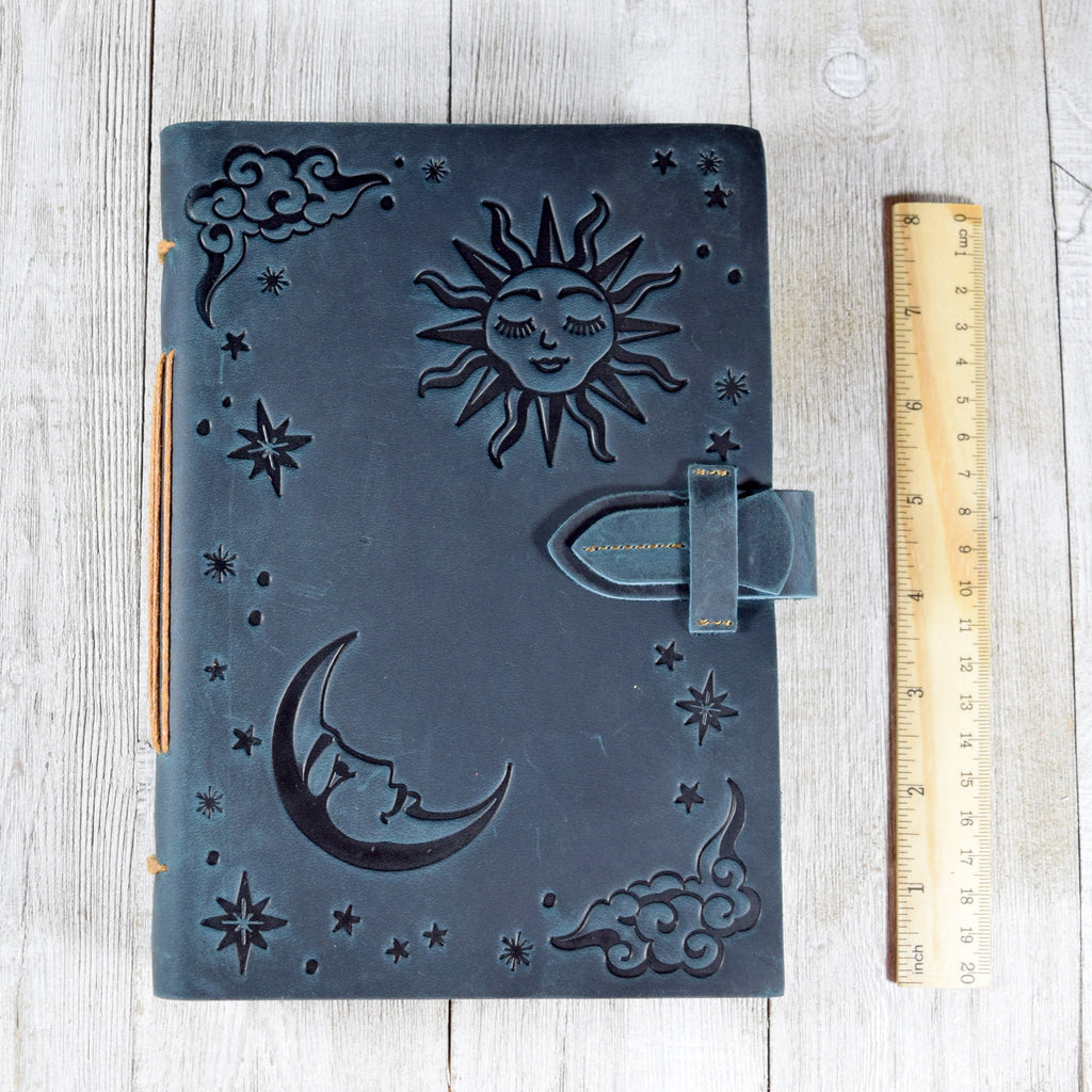 Blue Leather Journal with Sun and Stars Design