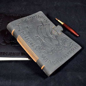 Gray Leather Journal with Viking Longship