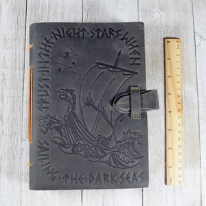 Gray Leather Journal with Viking Longship