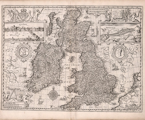 Historical Map of England, Great Britain, 17th Century, Fine Art