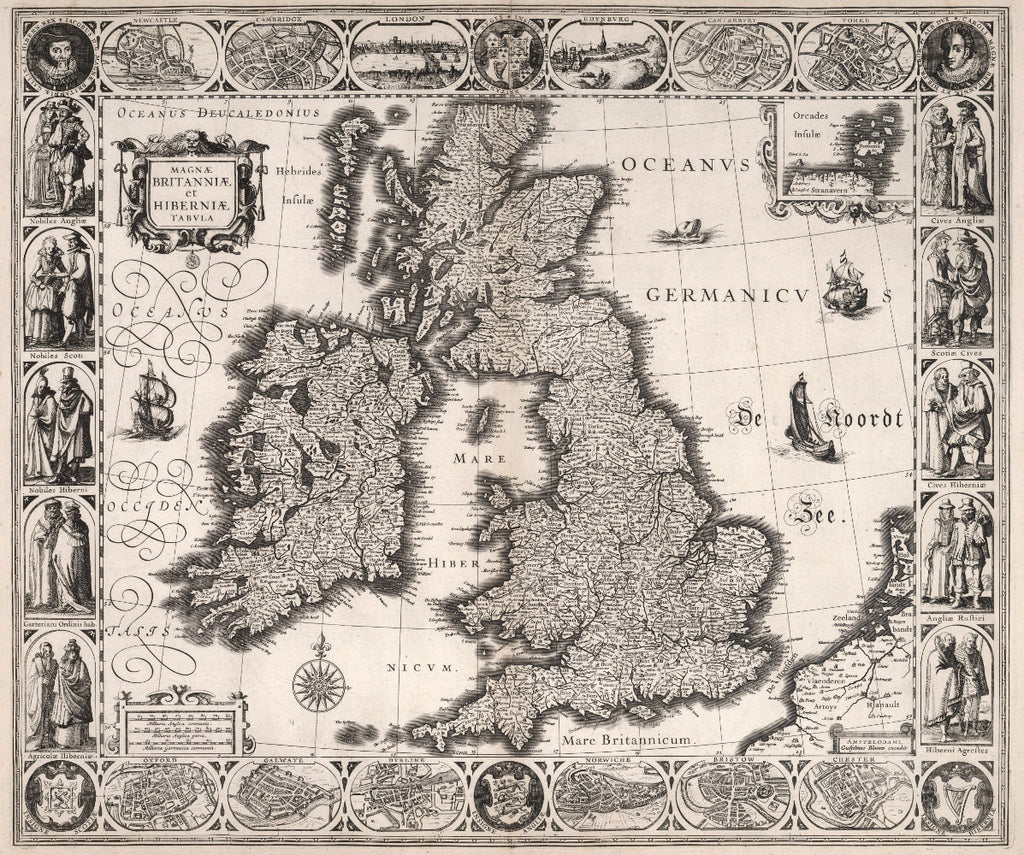 historical map of Great Britain and Ireland from 17th century