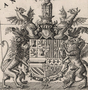 detail of coat of arms with helmets dragons lion and griffin rampant