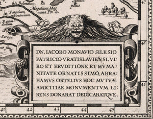 map inscription in Latin with lion face detail