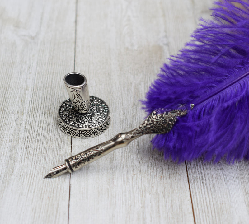Ostrich Feather Dip Pen with Pen Stand, Choice of Colors