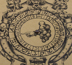 cipher wheel detail with finger pointing out of cloud