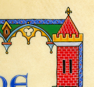 illuminated castle tower detail