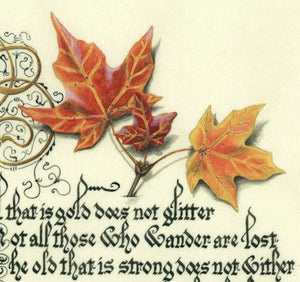calligraphy print detail with leaves