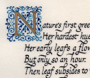 print detail illuminated initial calligraphy Nature's first green is gold