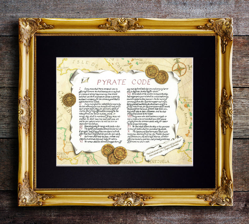 Printable Pirate Code Black Bart's Pirate Code with Pirate Map of the Caribbean Fine Art Pri ...
